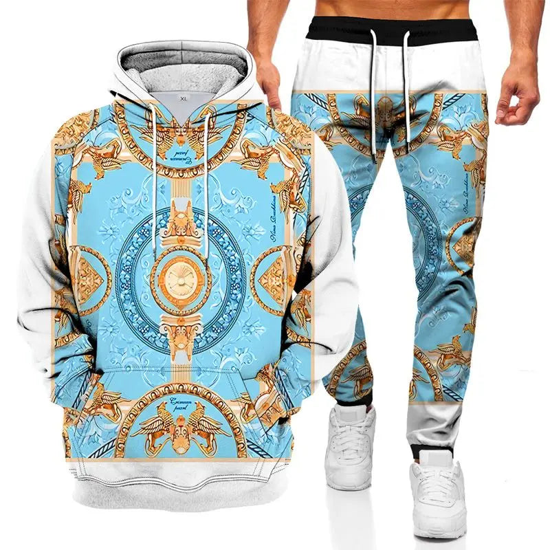 Men's Tracksuits Fashionable Hoodie Sports Suit 3D Geometric Graphic Printed Casual Loose Long Sleeve Pants Set 2 Pieces