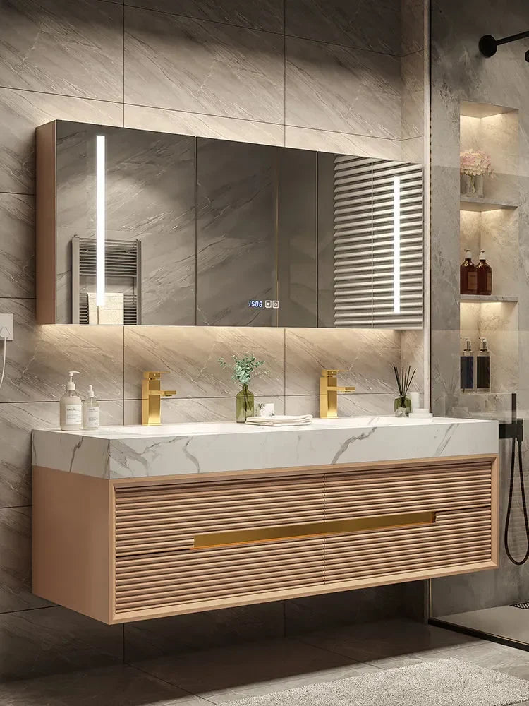 Light Luxury Bathroom Cabinet Rock Plate Washstand Modern Washbasin Toilet Wash Basin Combination Suit Oak Milk Tea Color