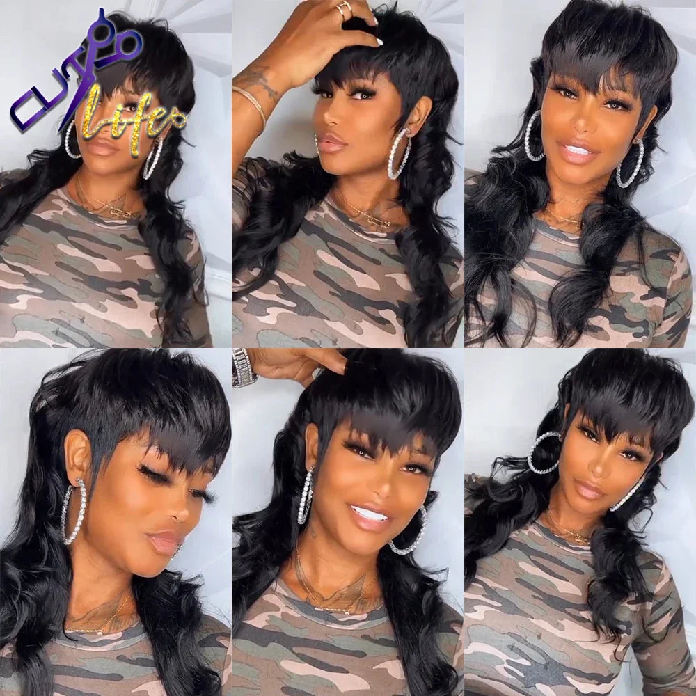 Full Machine Made Wig With Bangs Mullet 18 Inches Body Wave Glueless Brazilian Human Hair Wigs For Women Short Pixie Cut Wigs