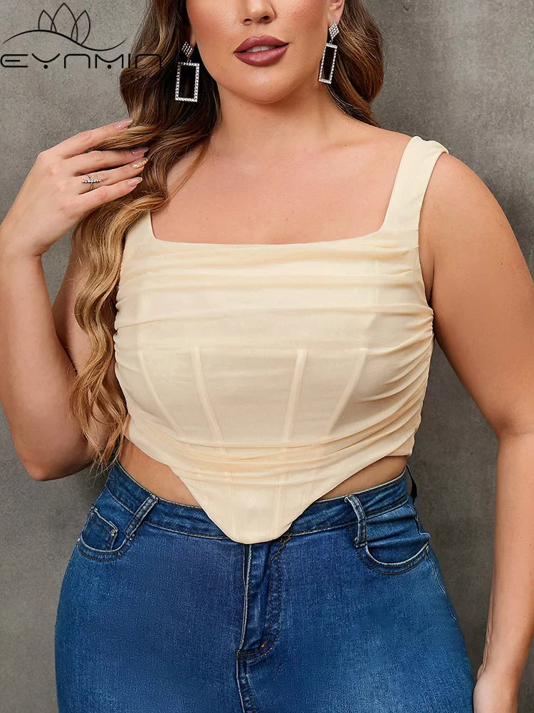 EYNMIN Plus Size Solid Sexy Mesh Cropped Tank Tops for Women Summer Fashion Boned Slim Corset Top Club Stretch Camis Vest Female