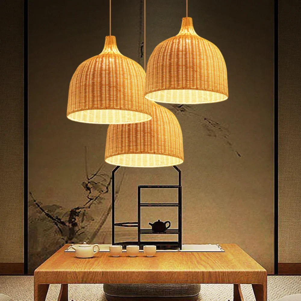 Bamboo Pendant Lamp Hand Knitted Chinese Style Weaving Hanging Lamps 18/19/30cm Restaurant Home Decor Lighting Fixtures