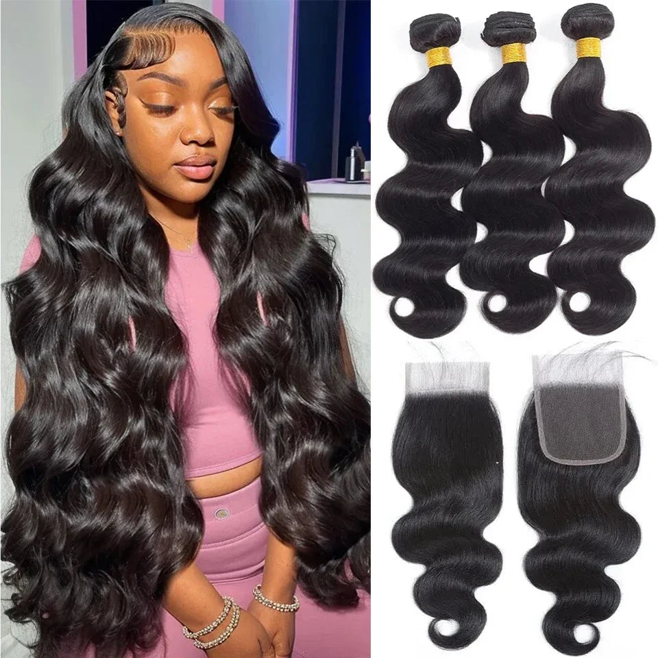 12A Body Wave Bundles With Closure 4x4 Brazilian Human Hair 3 Bundles With Lace Closure 100% Unprocessed Hair Weave Extensions