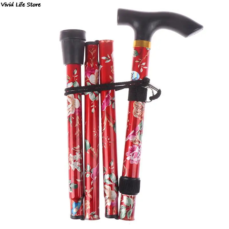 Adjustable 84-93cm Folding Walking Stick Sturdy Printed Travel Five-section Patterned Non Slip Crutch Cane Outdoor Sport Hiking