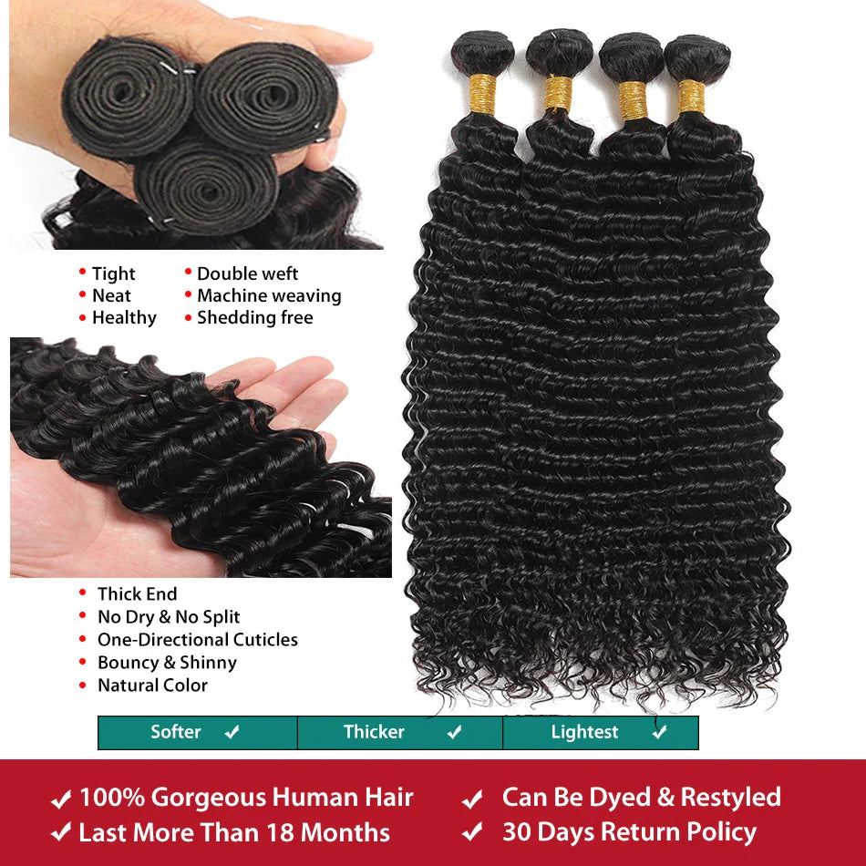 12A Brazilian Deep Wave Human Hair Bundles With 4X4 Transparent Lace Closure With Bundles 3/4 Bundle Virgin Hair Weave Extension