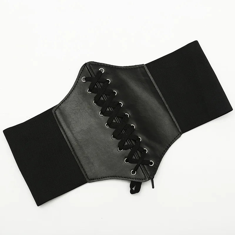 Fashion Gothic Elastic Belts for Woman Sexy Black Pu Leather Wide Corset Belt Female Cinturones Para Mujer Heart Cummerbunds