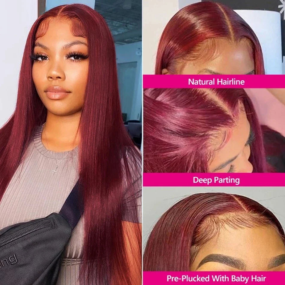 99J Wigs 13x4 HD Transparent Lace Front Human Hair Wig Burgundy Pre Plucked Human Hair Lace Frontal Wig Straight Human Hair Wig