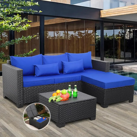 3 Pieces Patio Furniture Set Outdoor Sectional Wicker Patio Furniture Patio Couch with Ottoman and Outdoor Storage Table