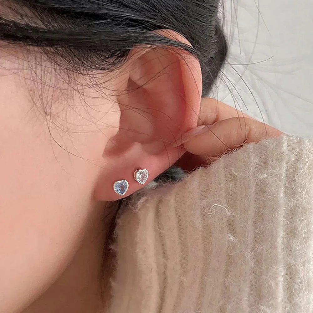 Tragus Helix Piercing Heart Earrings for Women Simple Pink Blue Zircon Silver Color Daith Lobe Ear Stud Cartilage Jewelry KAE312