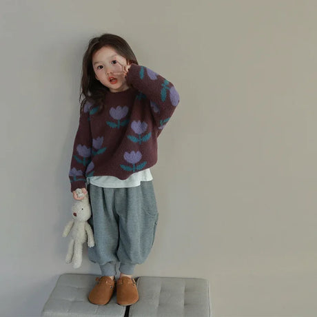 Children Clothing Girls Sweater 2023 Autumn and Winter New Korean Style Tulip Flower Pullover Sweater Fashion Stylish Top