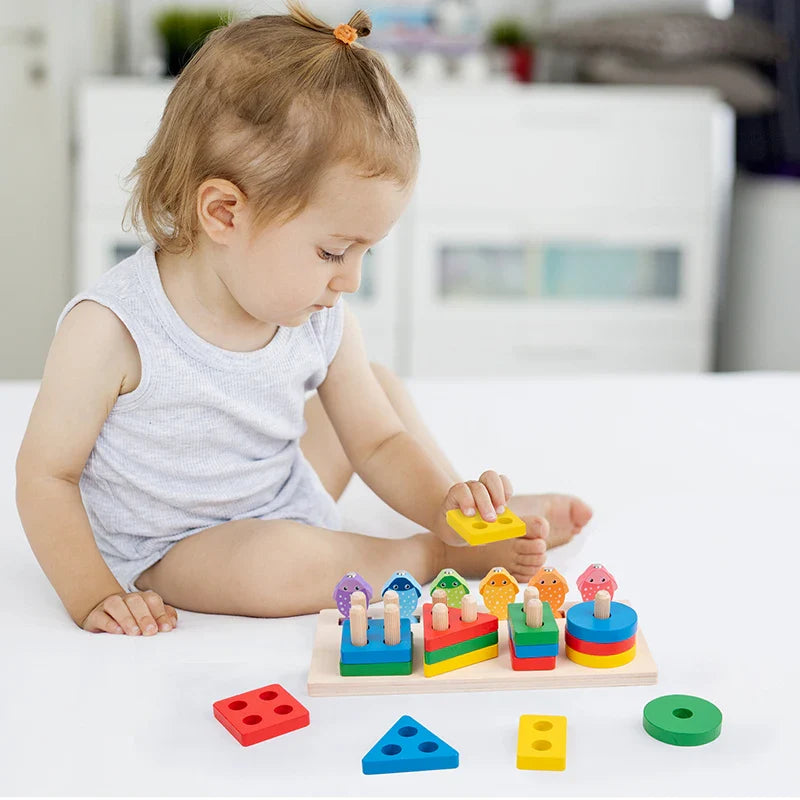 2 in 1 Montessori Baby Developmental Toys Shape Sorting Puzzle and Fishing Game Wooden Educational Toys for Children 3 4 5 Years