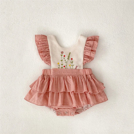 Ruffles Lace Baby Girls Romper Dress Summer Vintage Floral Infant Embroidery Jumpsuit for Toddler Girls One-Piece Clothing 0-24M