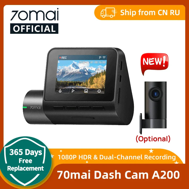 Global 70mai Dash Cam A200 Dual-channel Record 1080P HDR 2'' IPS Screen 24H Parking Monitor 70mai Car DVR A200 WIFI APP 130° FOV