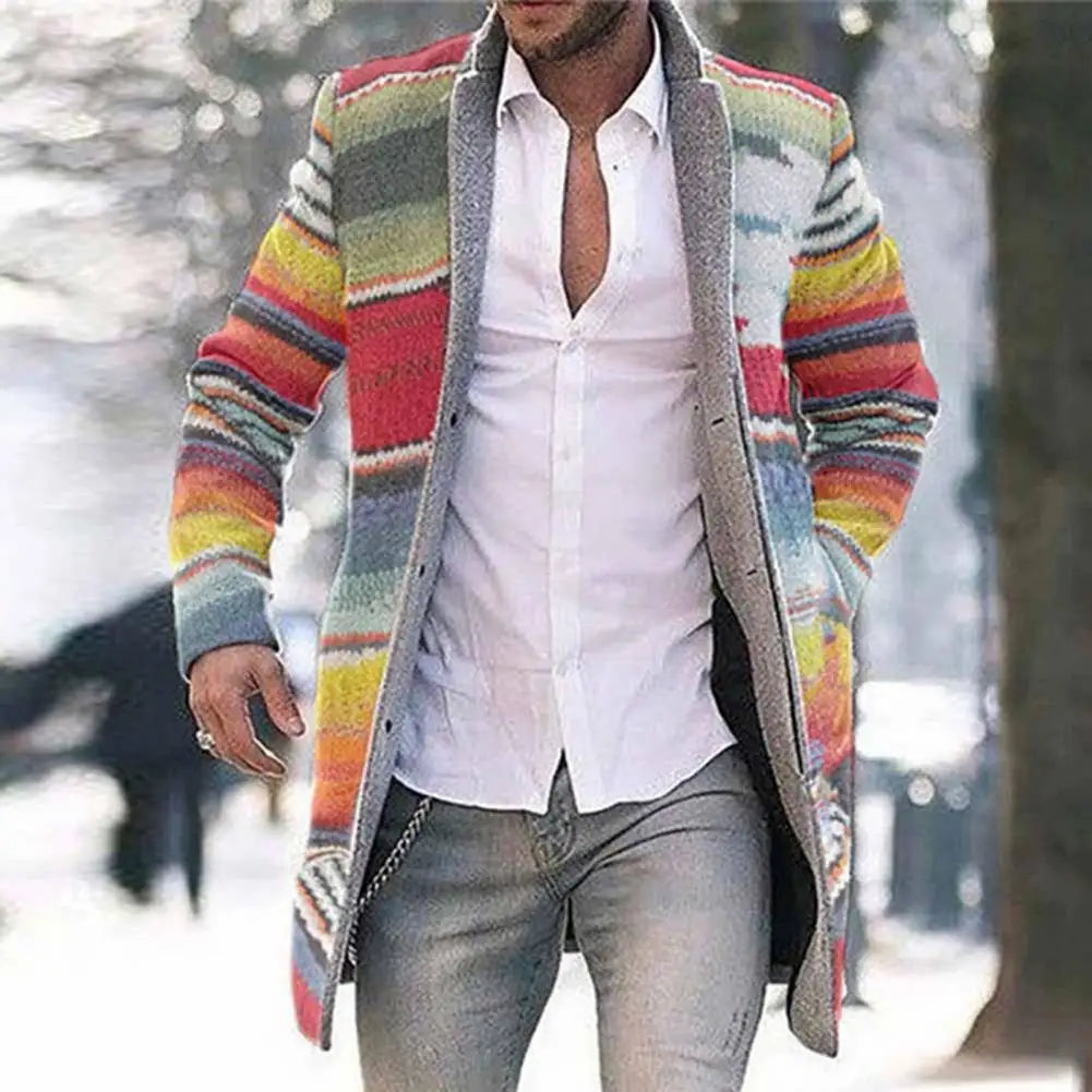 Durable Overcoat Men Skin-friendly Polyester Autumn Winter Rainbow Stripes Overcoat  Coat Open Front