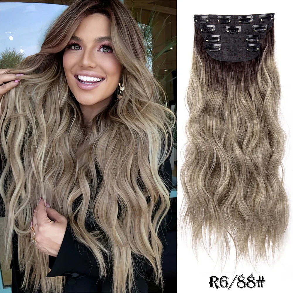 4Pcs/Set 20Inch Synthetic Hair Clip In Long Wavy Thick Hairpieces For Women Full Head Synthetic Hair Extensions Ombre Hairpieces