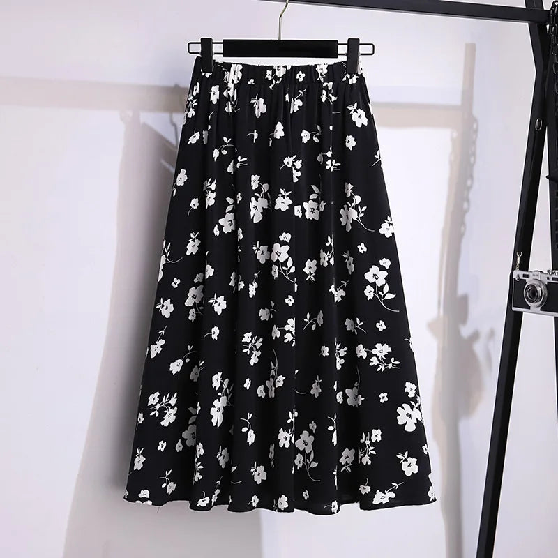 175Kg Plus Size Women's Summer Loose Floral Chiffon A-Line Skirt Hip 175 Apricot Black 5XL 6XL 7XL 8XL 9XL 10XL