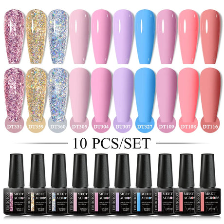 10Pcs Nude Glitter Gel Nail Polish Set Purple Pink Reflective Glitter Semi Permanent Varnishes Soak Off UV LED Nail Art Gel Kits