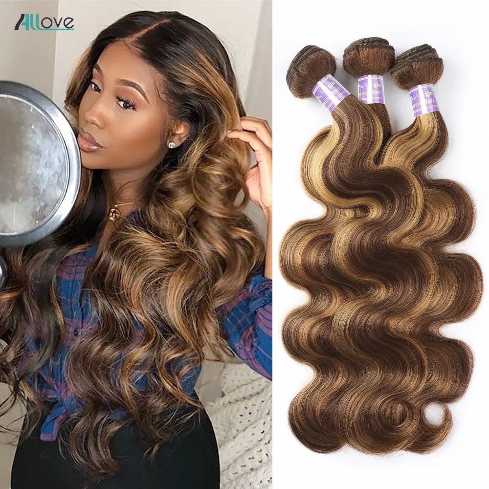 Allove Highlight Bundles Brazilian Body Wave Human Hair Bundles 4/27 Honey Blonde Colored Brazilian Hair Weave Bundles 1/3/4 PCS