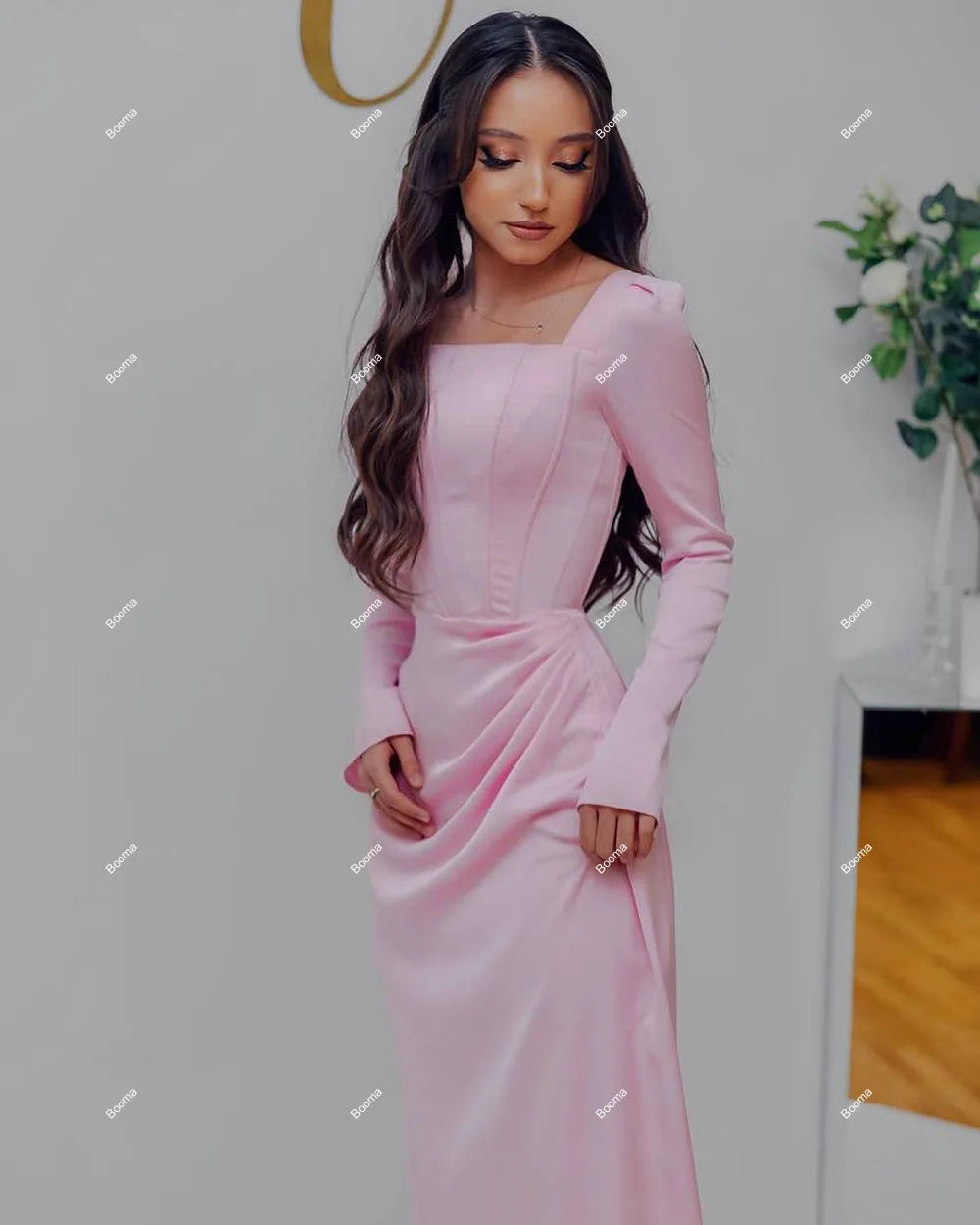 Booma Pink Elegant Mermaid Evening Dresses Long Sleeves Pleated Prom Gowns for Women Boning Long Formal Occasion Dresses