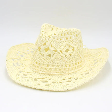 Spring and Summer New Hollow Cowboy Hat Hand-woven Straw Hat Breathable  American-style Warped Edge Foreign Trade Jazz Hat