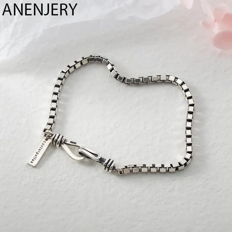ANENJERY Silver Color Double Hook Box Chain Bracelet Fashion Punk Style Letter Couple Bracelet For Women Men Jewelry S-B319