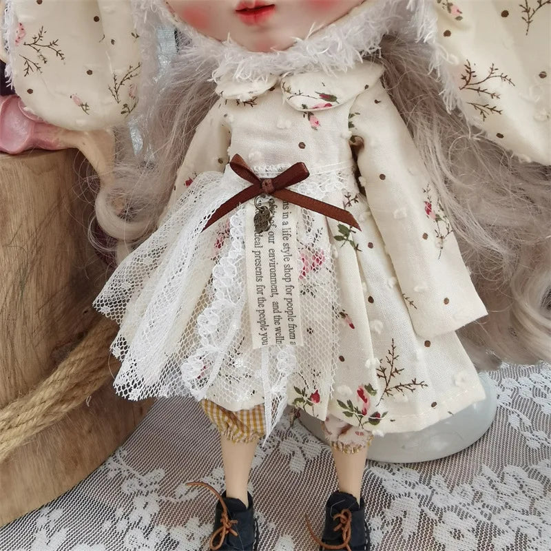 Handmade Doll Skirt Dress With Big Ear Rabbit Hat Doll Floral Patterned Dress For Blythes Ymy Licca Azones Ob24 Ob27 Fr Doll