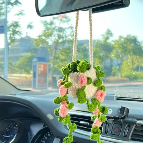 NEW Cute Potted Plants Crochet Car Basket,Hanging Plant Crochet for Car Decor,Car Ornament Rear View Mirror Hanging Accessories