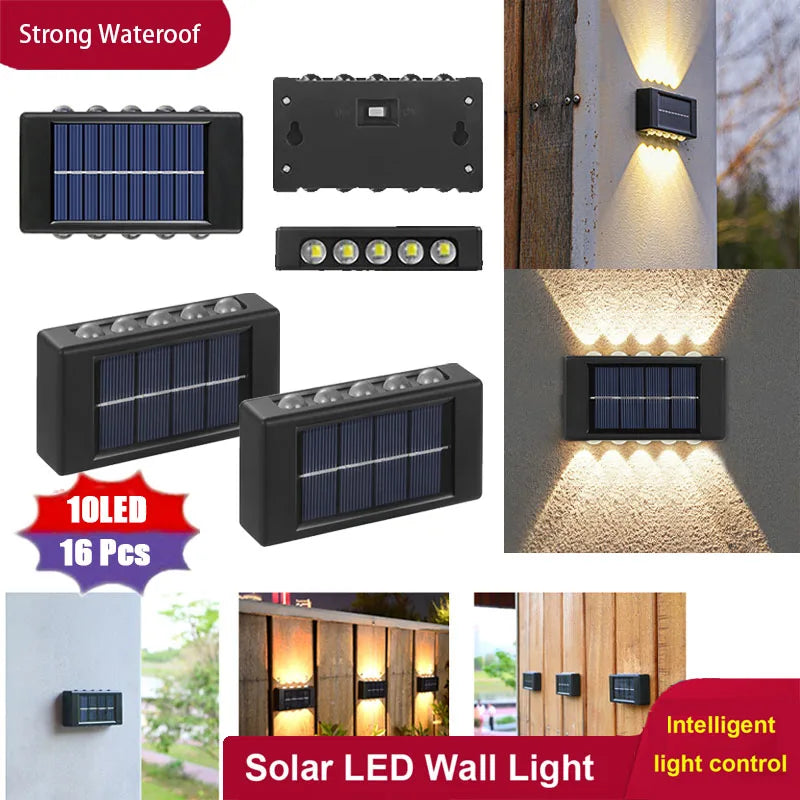 16PCS Solar Wall Light Warm Light Up and Down Auto Working 10LED Texture Black Shell House/garden/porch Lighting Light