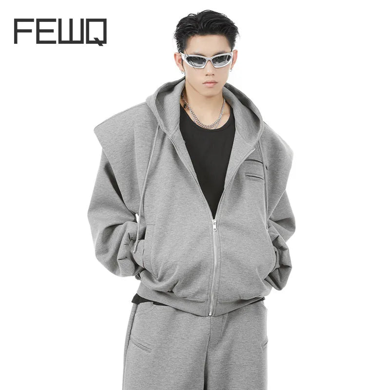 FEWQ Spliced Men's Hooded Jackets Zipper Cardigan Niche Design Male Shoulder Pad Sweatshirts High Street Autumn 2023 New 24B3336