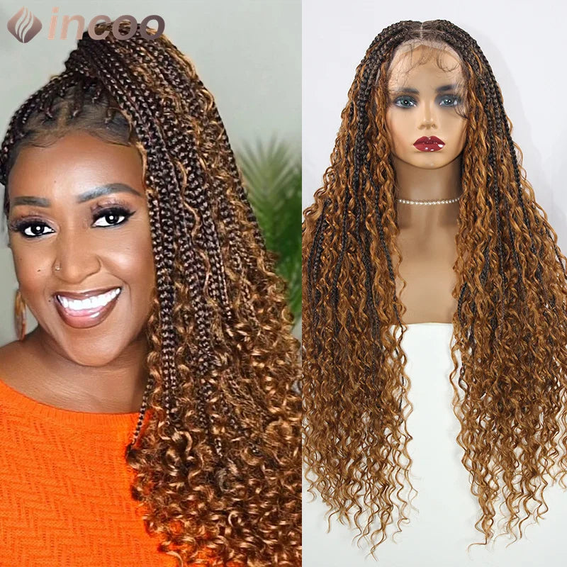 Boho Braided Lace Frontal Wig Wave Curly Goddess Locs Lace Front Braided Wig Pre-plucked With Baby Hair Synthetic Box Braids Wig