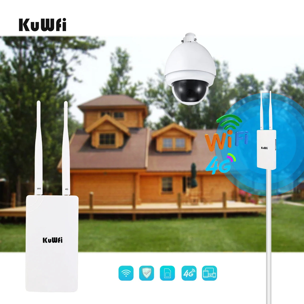 KuWFi 4g Outdoor Wifi Router With Sim Card Slot 150Mbps CAT4 LTE Routers All Weather Wifi Outside Booster Extender for IP Camera