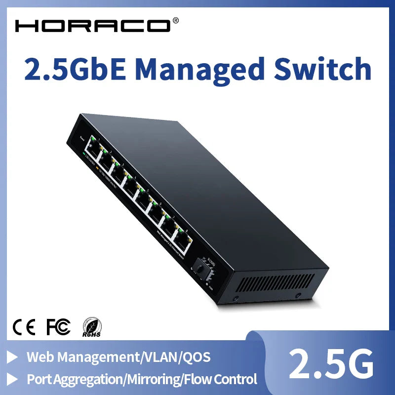 HORACO 2.5GbE Managed Switch 8 Port 2.5GBASE-T Network Switcher 10G SFP+ Slot Uplink Web Managed Hub Internet Splitter Fanless