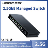 HORACO 2.5GbE Managed Switch 8 Port 2.5GBASE-T Network Switcher 10G SFP+ Slot Uplink Web Managed Hub Internet Splitter Fanless