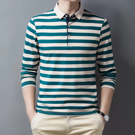 Cotton Spring And Autumn New Business Leisure Lapel Long Sleeve Stripe Contrast Youth T-shirt  5605