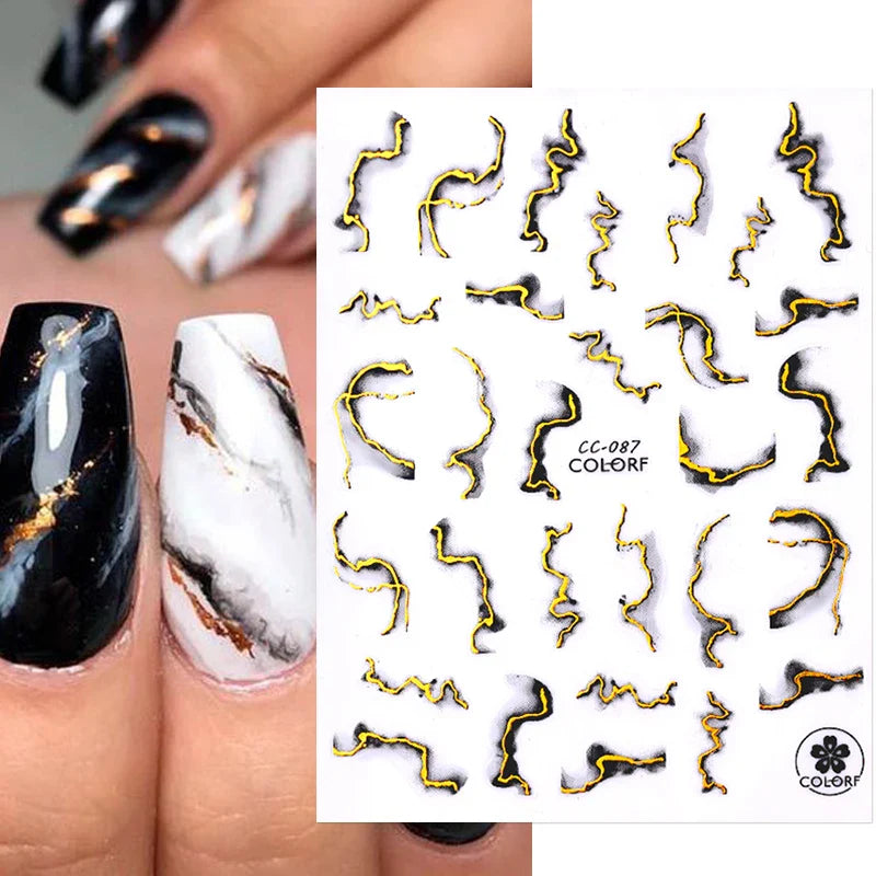 3D Silver Frame Nail Sticker Silver Bronzing Stripe Lines Sliders For Nails Tribal Pattern Decals Marble Blooming Nail Tattoos