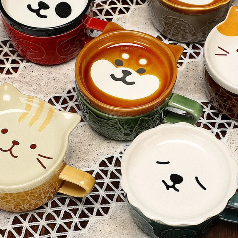 Creative Mug Cute Cartoon Animal Ceramic Mug with Lid Coffee Cup Breakfast Milk Cup Living Room Coffee Table Drinking Utensils