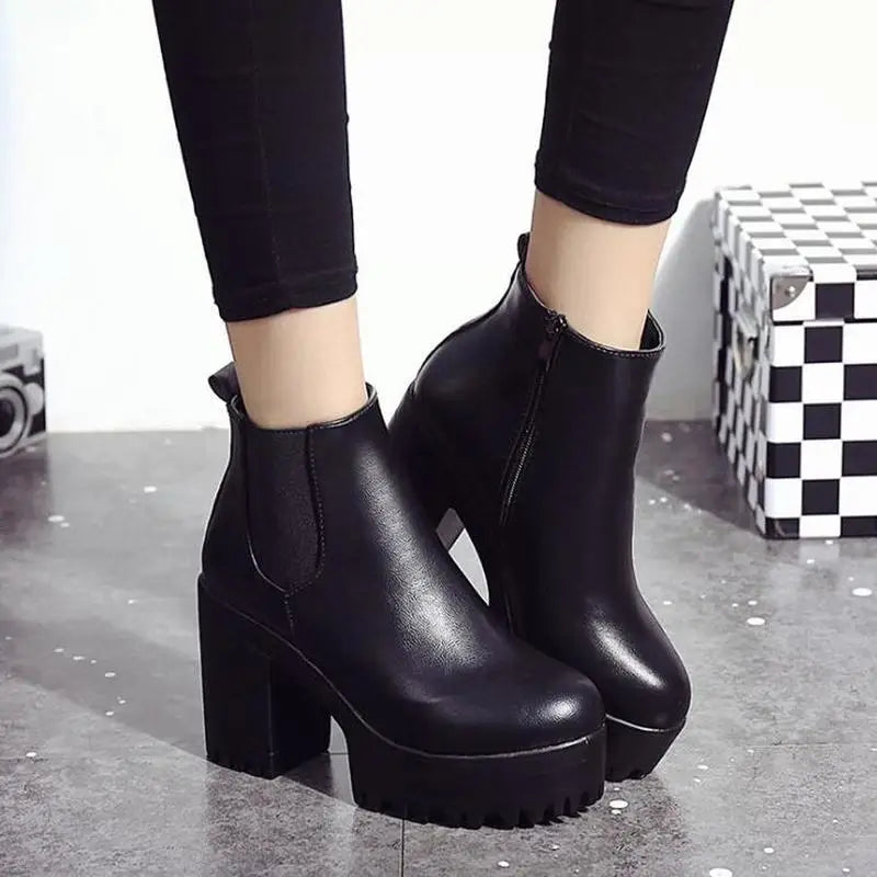 Botas Mujer Fashion Women Boots Square Heel Platforms Zapatos Mujer PU Leather Thigh High Pump Boots Motorcycle Shoes