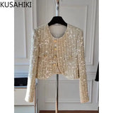 KUSAHIKI Elegant Chic Blingbling Sequins Short Coat 2023 Autumn New Jackets Korean Fashion Long Slevee O-neck Outwear Cardigan