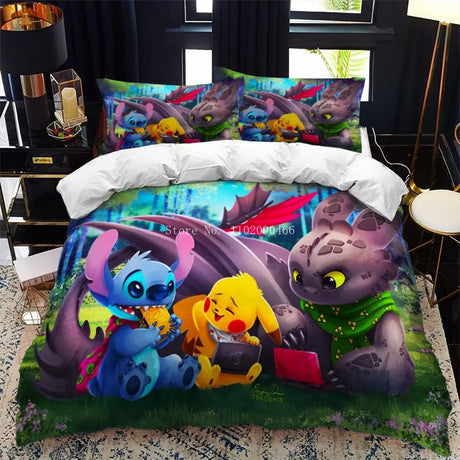 3D Cartoon Bedding Set Disney Lilo & Stitch Queen King Quilt Comforter Duvet Cover Set Children Kids Boys Bedroom Home Textile