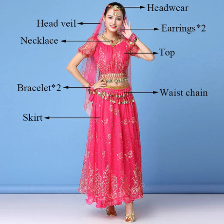 New Bollywood Costume Set Belly Dance Performance Clothes Chiffon Sequin Skirt Set Adult Women Indian Dance Costume Set