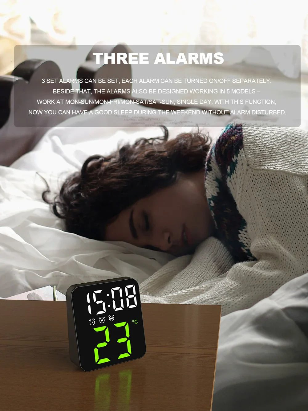 Digital Alarm Clock for Bedrooms with Temperature Adjustable Brightness Voice Control three Alarm Wall Clock 12/24H