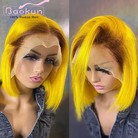 13x4 Colored Short Bob Wig Lace Front Human Hair Wigs Yellow Ginger Highlight Wig HD Transparent 360 Lace Frontal Wig Human Hair