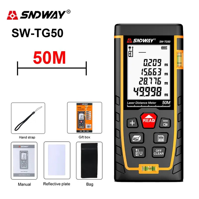 SNDWAY Laser Distance Meter 40M/50M/120M Digital Tape Measure Precision Rangefinder With Distance/Area/Volume/Self-calibration