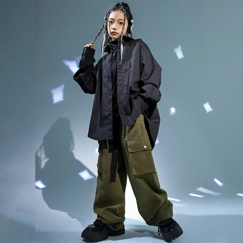 Kids Hip Hop Clothing Black Jacket Coat Casual Street Strap Cargo Pants for Girl Boy Jazz Dance Costume Teenage Kpop Clothes