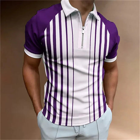 Men's Solid Color Striped Polo Shirt Short Sleeve Golf Turn-down Collar Zipper Polo Shirt&for Men Casual Streetwear Summer Tops