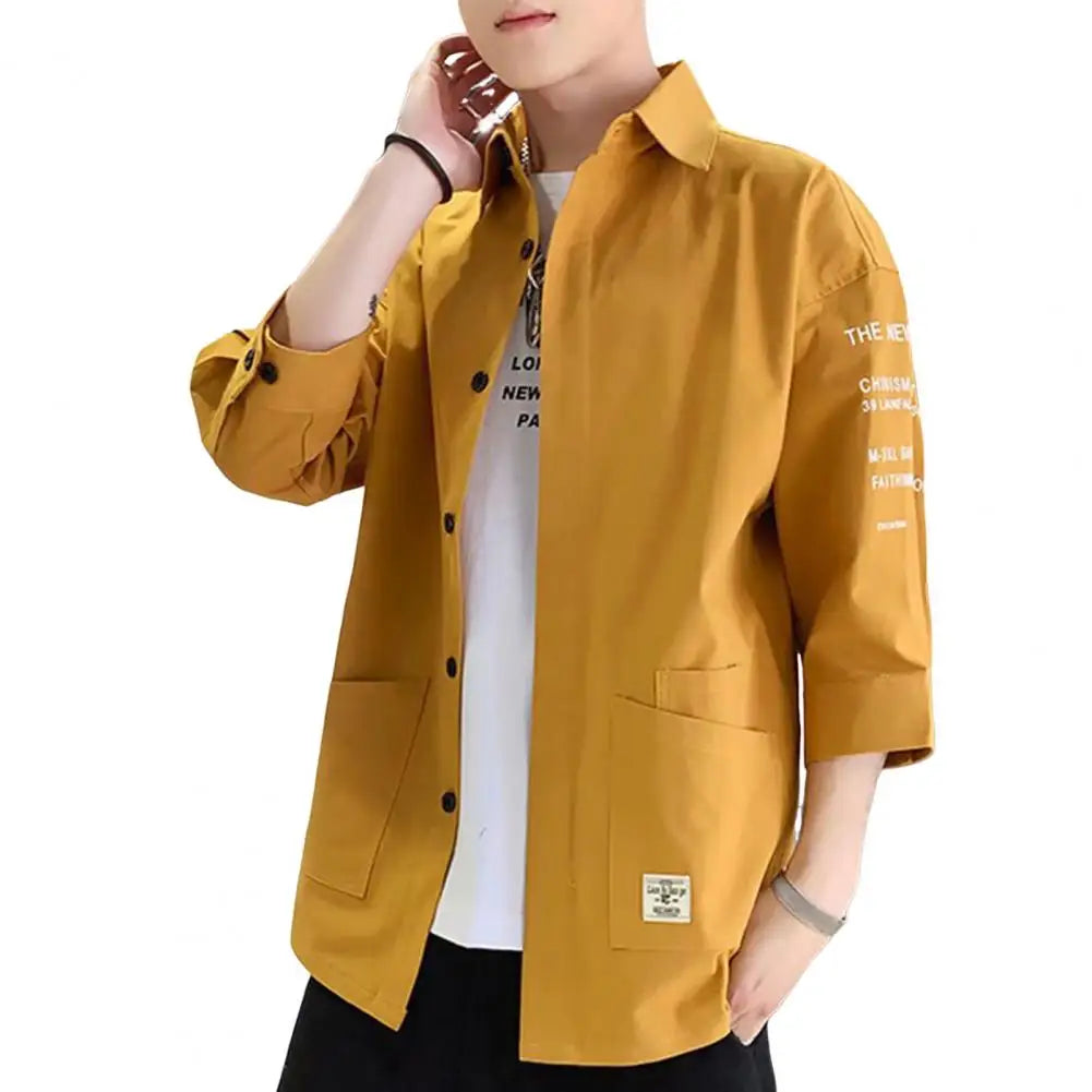 Men Three-quarter Sleeve Shirt Japanese Style Casual Jacket Men's Japanese Style Casual Cargo Shirt Coat with for Spring