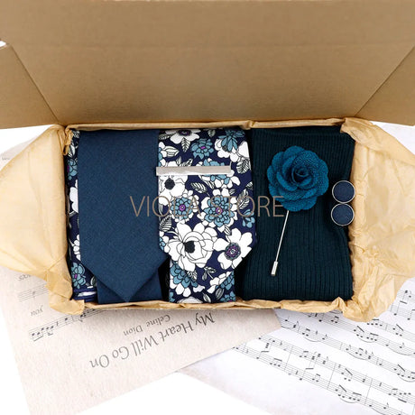 Viola Design 7 PCS Gift Box Cotton Sock Tie Sets Clip Pin Cufflinks Hanky Solid Floral Men Wedding Party Daily Cravat Accessory