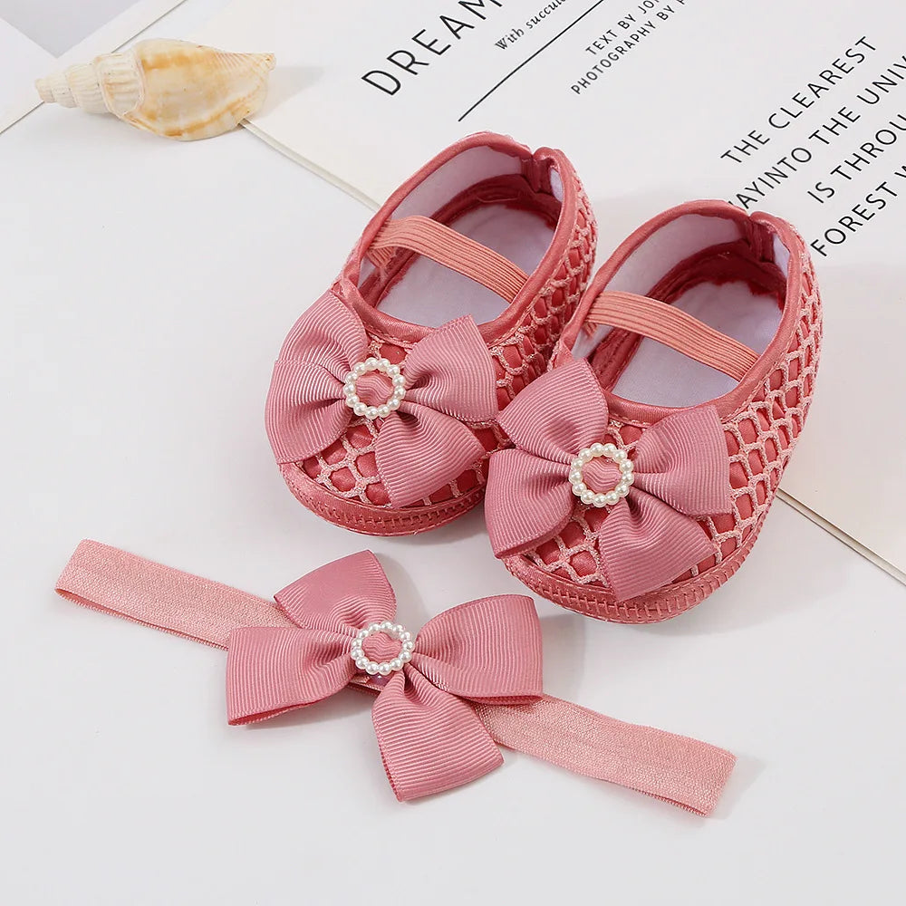 0~18M Cute Bowknot Newborn Baby Shoes Headband Set Anti Slip Toddler Infant First Walker Baby Girls Newborn Soft Sole Pink Shoes