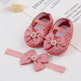 0~18M Cute Bowknot Newborn Baby Shoes Headband Set Anti Slip Toddler Infant First Walker Baby Girls Newborn Soft Sole Pink Shoes