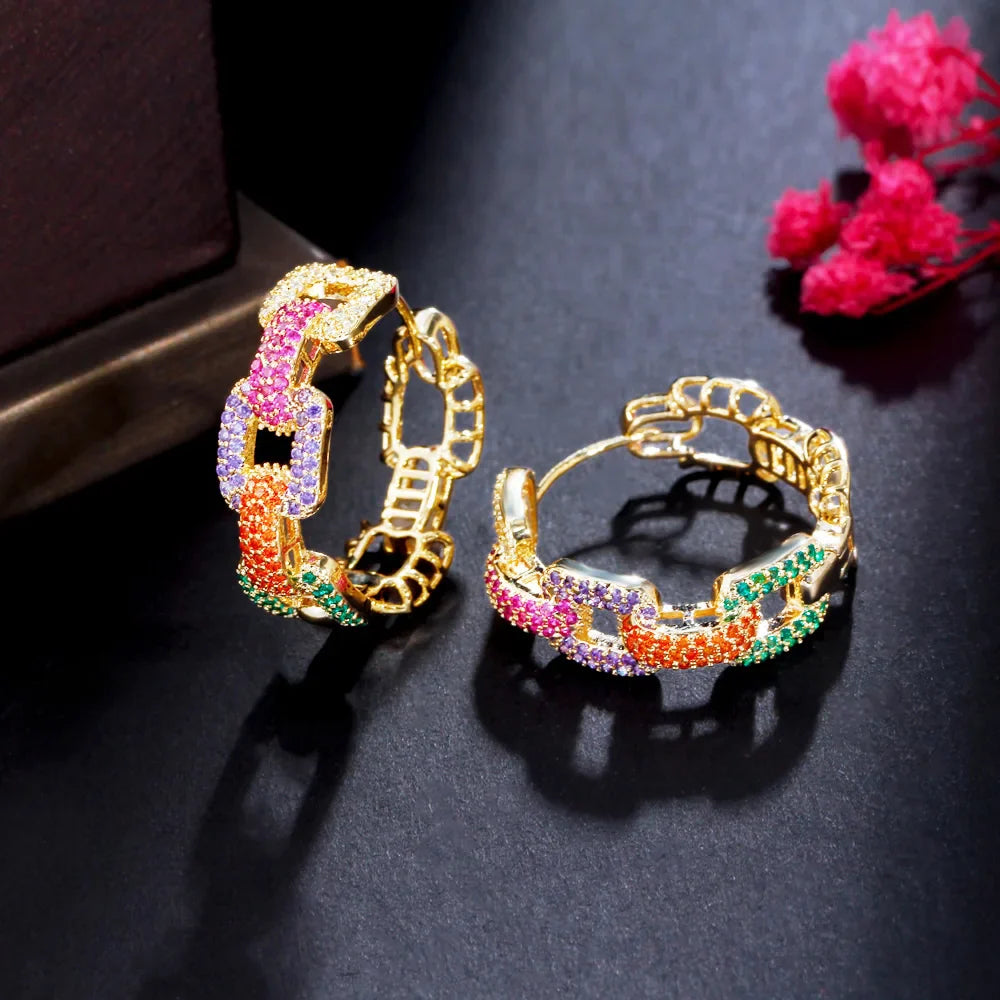 CWWZircons New Trendy Colorful Micro Pave CZ Stones Gold Plated Geometric Cuban Chain Link Hoop Earrings for Women Jewelry CZ345