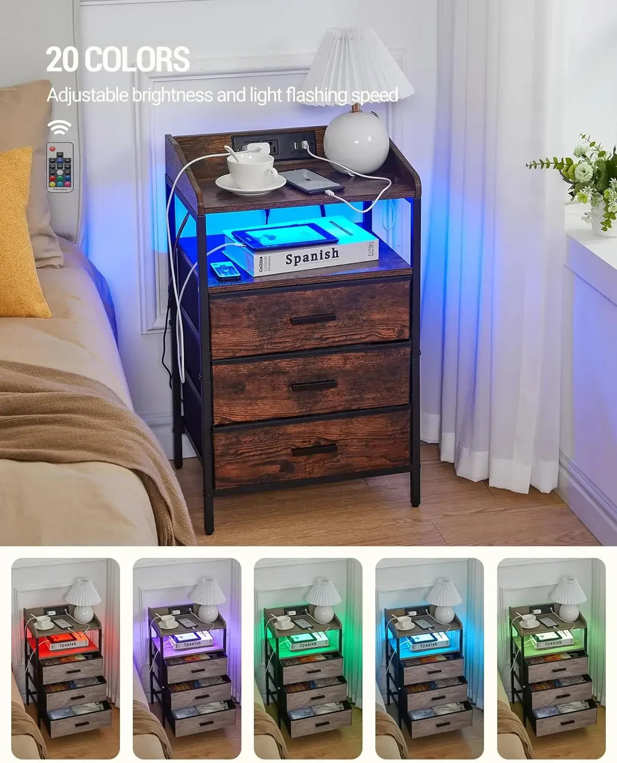 Nightstands with LED Lights  Charging Station, End Table  3 Fabric Storage Drawers  Shelves, Modern Side Tabl